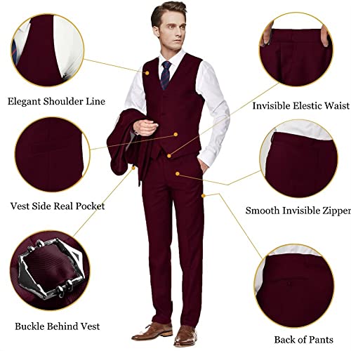 Image of Men's Slim Fit 3 Piece Suit Two Button Business Wedding Dress Tux Suit Set Jacket Vest Pants with Tie