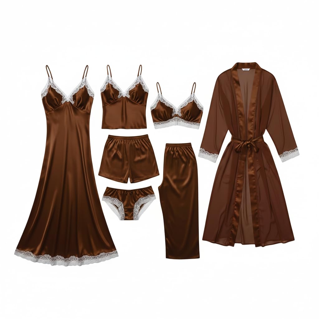 e - ezra Valentine's Day Fancy Night Suit Bath Robe Dress & Bra Panty Set Combo for Women's Pack of 7 Pcs Nightwear Lingerie Silk Wedding Gifts Lace Nightsuit Set Coffee Dress (Free Size)-picture-39
