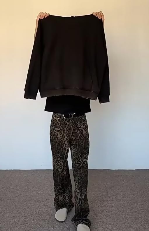 XPONNI Y2k Jeans Animal Print Y2k Pants Leopard Print Womens Baggy Wide Leg Jeans 2000s Mcbling Grunge Clothes3