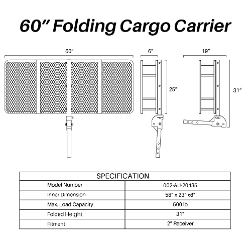 Arksen 60 X 25 Inch Folding Cargo Rack Carrier With Nylon Net 500 Lbs Heavy Duty Capacity 2 Inch Receiver Luggage Basket Hitch Fold Up For Suv Pickup Camping Traveling #TOP6