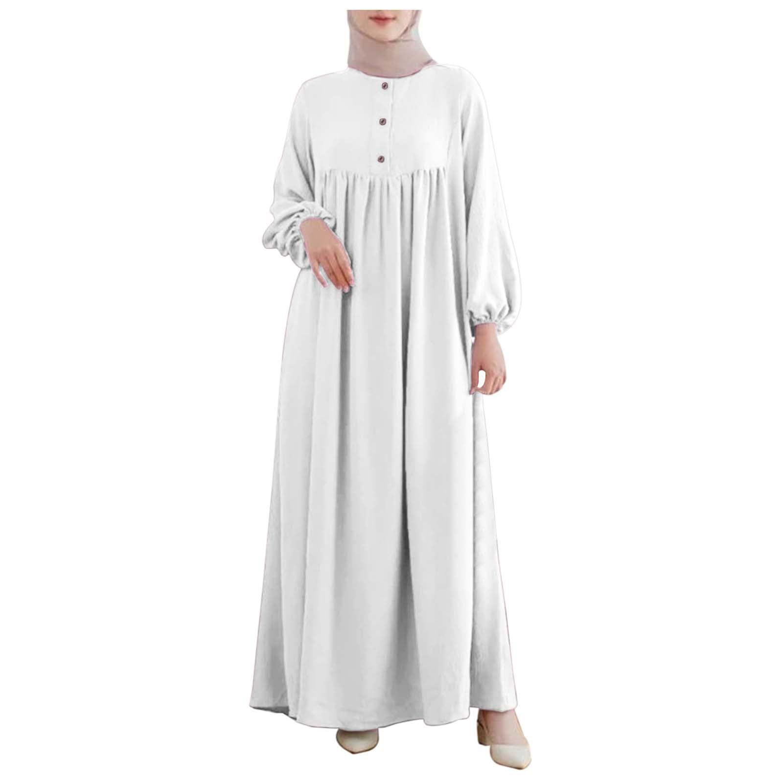 Muslim Dresses for Women Button Round Neck Lantern Sleeve Solid Maxi Dresses Leisure Simple Robe Casual Comfortable Breathable Minimalist Prayer Abaya