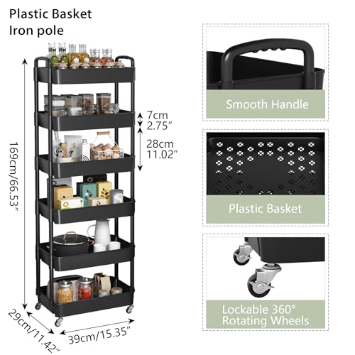 Image of Sywhitta 6-Tier Plastic Rolling Utility Cart with Wheels for Storage,Black