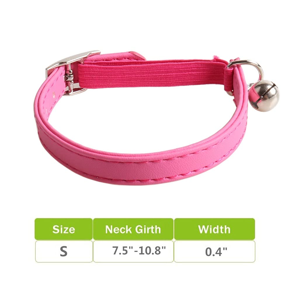 Leder Katzenhalsband mit Glöckchen Sicherheitshalsband mit Gummizug Kätzchenhalsband für Katzen Schwarz Blau Rot Orange Limettengrün (Rosenrot)