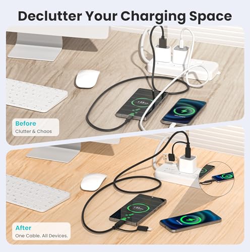 Image of Elebase 4 in 1 Charger Cable 3.3FT,Multi Charging Cord,Multiple iPhone Charger Cord with USB /Lightning Adapter for New Apple 17 16 15 Pro Max Air 14 13 Plus,Samsung Galaxy A55,Z Flip 7 FE 6 5 4,Z Fold