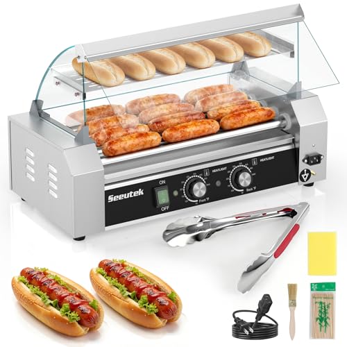 Seeutek Hot Dog Roller 5 Rollers 18 Hot Dogs Capacity 1100W Stainless Hot Dog Toaster, Hot Dog Machine W/Dual Temperature Control Glass Hood Acrylic Cover Warmer Shelf Removable Oil Drip Tray