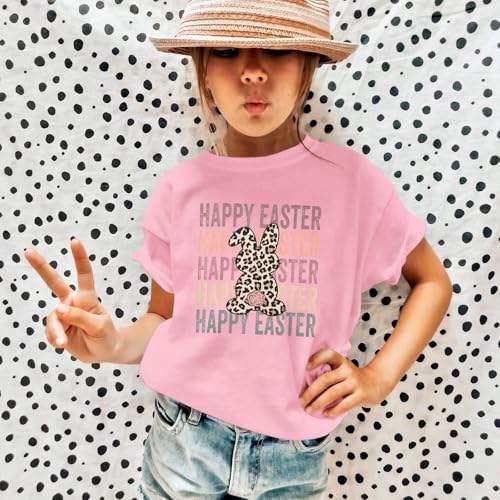 Image of Kid Girls Easter Shirts Happy Easter T-Shirt Funny Leopard Bunny Outfit Short Sleeve Tees Tops Holiday Clothes 7-12Y