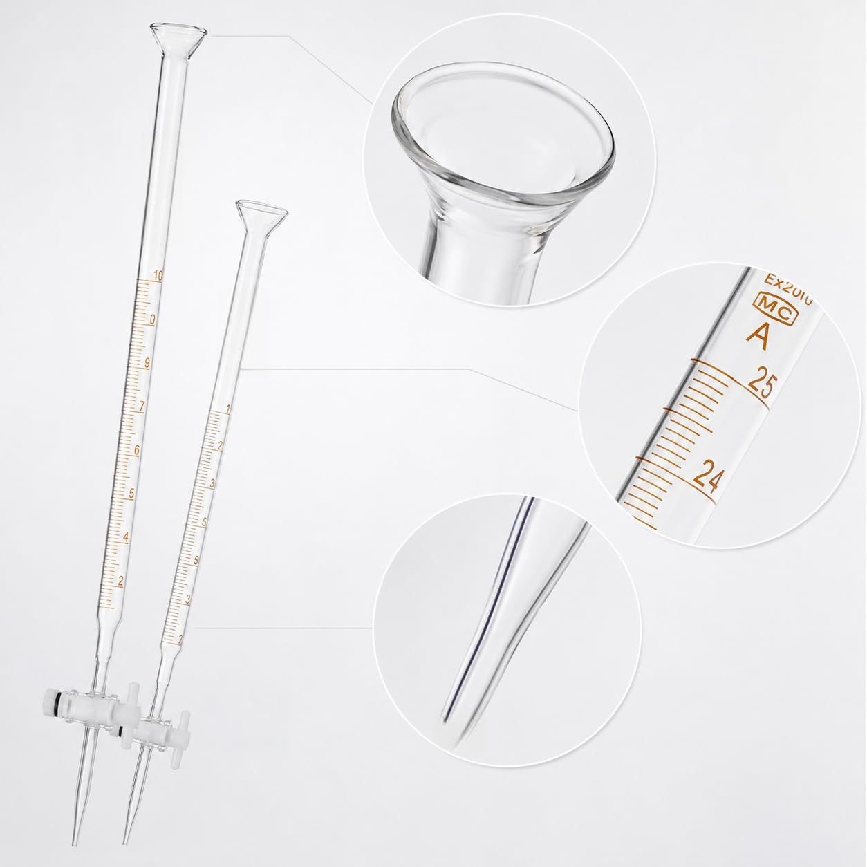 Universal-Glasbürette mit Trichter-Rand und PTFE-Hahn-50mL/0.1 | Universal-Glasbürette mit Trichter-Rand und PTFE-Ventil für Säure und Alkali