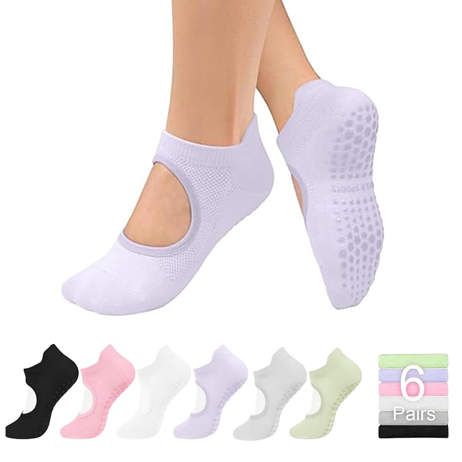 ZANZER Grip Socks for Women Pilates Socks with Grips Open Top Non Slip Grippy Socks for Yoga, Barre, Lagree, Pregnancy, Zumba, Hospital - Black + White + Pink + Purple + Green + Grey