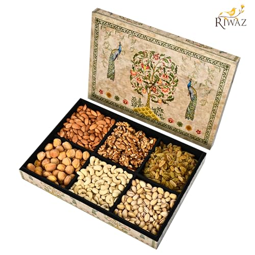 Image of Riwaz Green Peacock Dry Fruits Gift Box | Elegant Enamel Green Designer Packaging | Assorted Almonds, Cashews, Pistachios, Walnuts, Raisins & Khumani | Ideal for Rakhi, Diwali, Eid & Festive Gifting