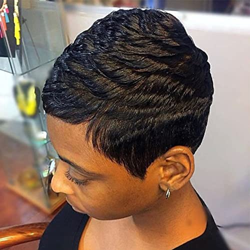Short Human Wigs for Black Woemn Short Pixie Cut Wig Short Hair Jet Black Wig for Black Women Human Hair Short Hair Curly Cute Wigs HairCuts Pixie Wigs With Bangs Replacement Layered Wig for Women Synthetic Hair Wavy Pixie Wig Short Wigs Human Hair (Human Hair -Jet Black)