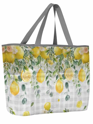 Beach Bags Women Mesh Tote Bag Summer Lemon Flower Leaf Toy Grocery Pool Bag with Pockets for Travel/Picnic/Shower