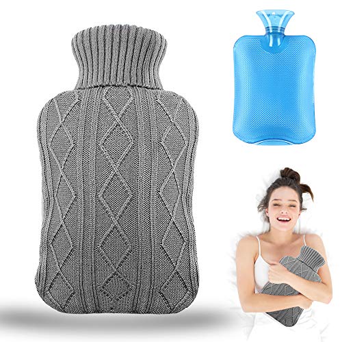 Wärmflasche mit Bezug, Amokee Wärmekissen 2 Liter mit Strickbezug Rollkragen Wärmekissen, Sicher und langlebig Geprüft Und Frei Von Schadstoffen, Wärmflaschen zur Behandlung von Schmerzen & Fieber
