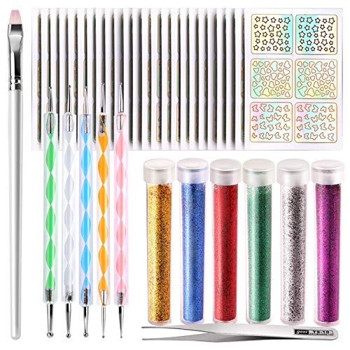 Nail Sticker Set, 72 Designs Nail Art Stencils Nail Vinyl Decals Sticker Dual-use(Total 24 Sheets), 6 Tube Acrylic Nail Art Glitter Powder, 5Pcs Nail Dotting Tool Pen, Nail Brush& Tweezers, for Creative Shiny Nail