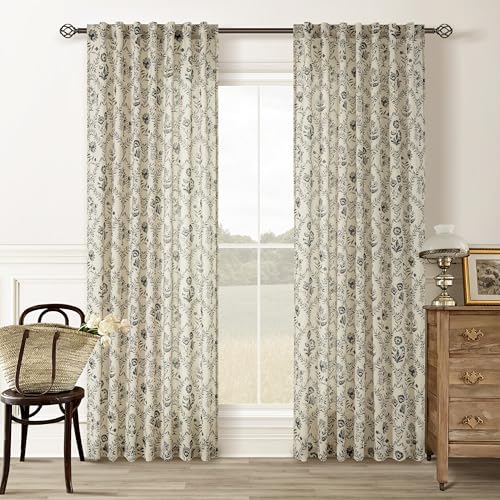 Image of Floral Linen Curtains 120 Inch Length for Living Room Greenish Black | Charcoal Flower, Botanical Pattern Print, Burlap, Rustic, Farmhouse, Country Curtains, Shabby Chic, Extra Long, Plant Drapes