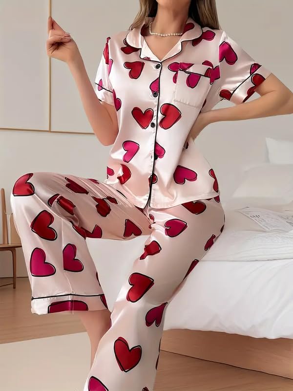 Image of Night Suit for Women with Full Sleeve Button-Down Top with Pant Dress for Woman, Cotton Night Dress for Woman, Two-Piece Loungewear Set