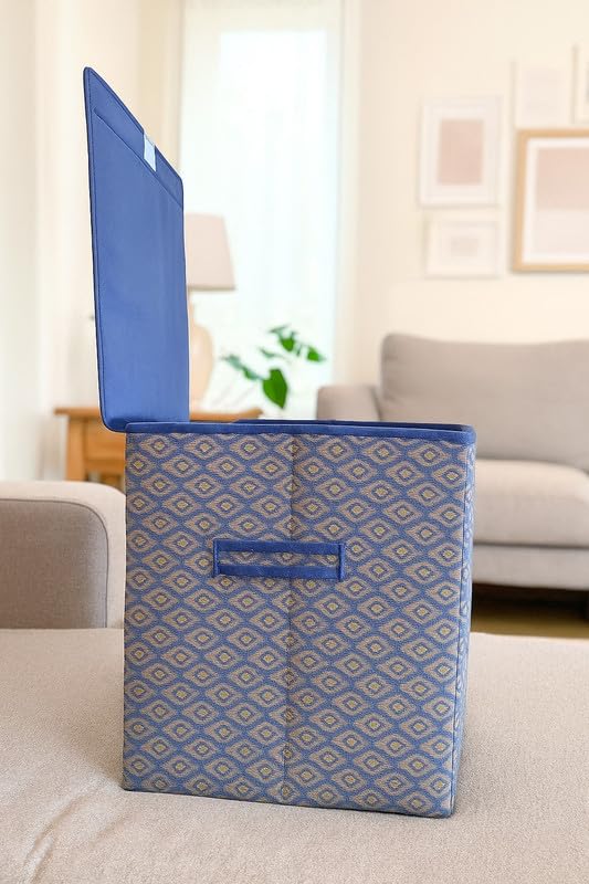 Image of QUAIL Non Woven Foldable Jute Printed 75 Liter Laundry Basket with Lid - Durable & Collapsible Storage Bag for Clothes, Toys & Washing Items (Blue Golden, Set of 1)