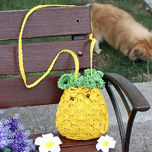 Van Caro Pineapple Shape Mini Beach Purse,Women Crochet Straw Fruit Bag Cellphone Purse Yellow