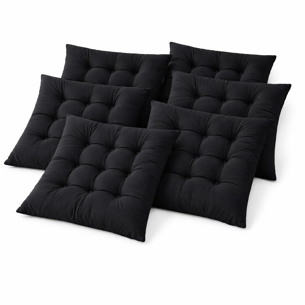 cushion mania Plain Chair Seat Pad Cushion with Ties – Thick Tufted Chair Cushion for Dining Chairs, Kitchen Chairs & Office Seating – Soft Padded Chair Seat Cushion for Home & Garden (Black, 6)