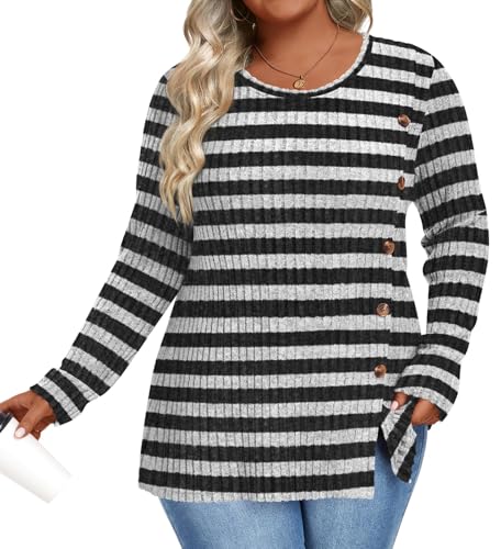 Image of HOTGIFT Womens Plus Size Sweater Tops Long Sleeve Crewneck Casual Tunic Shirts Buttons XL-5XL Blouse Soft Comfy Fashion