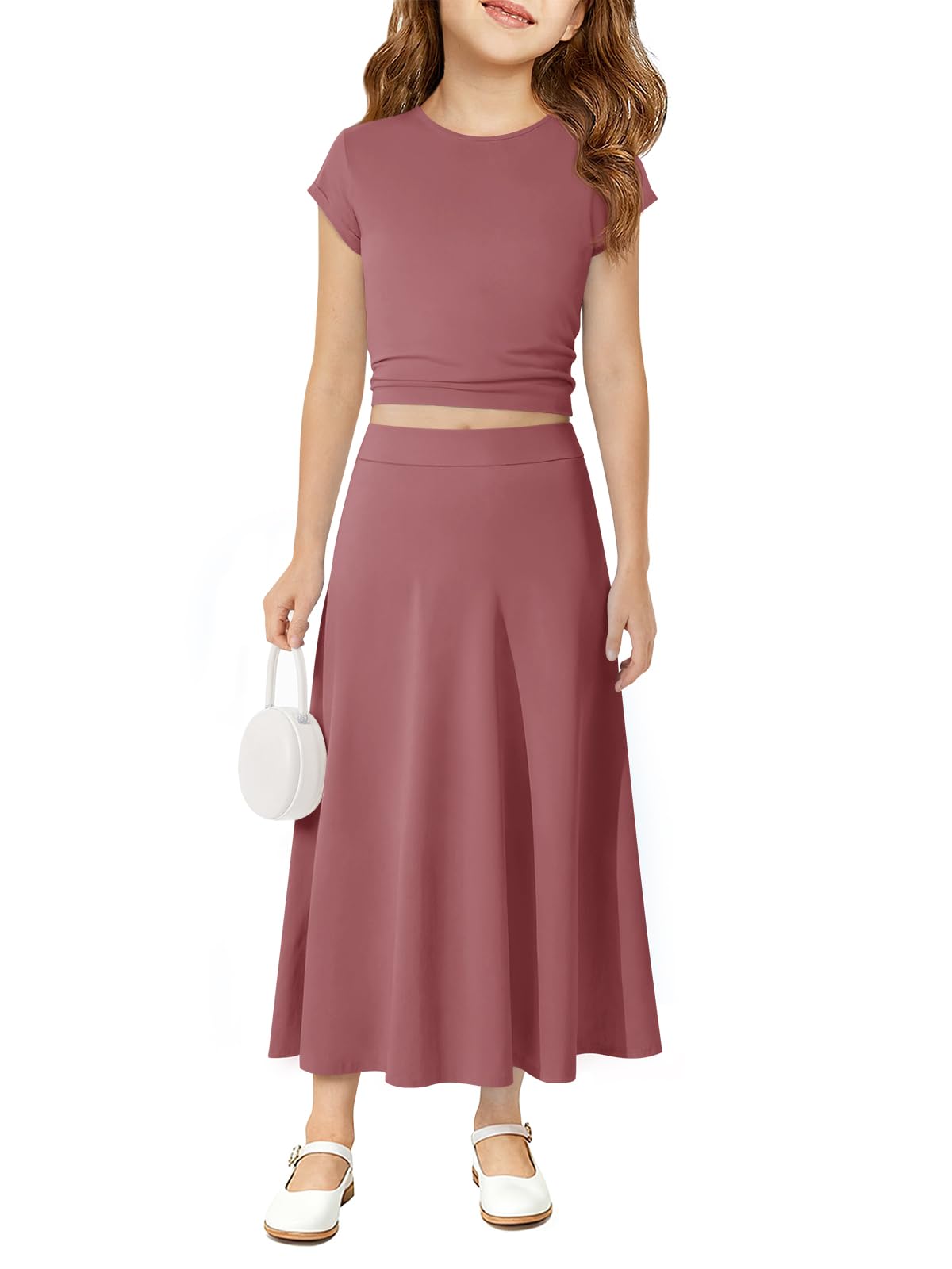 Haloumoning Ensemble de jupe longue 2 pièces pour filles - Haut court en tricot côtelé et taille élastique - Ensemble de jupes longues pour enfants de 5 à 14 ans