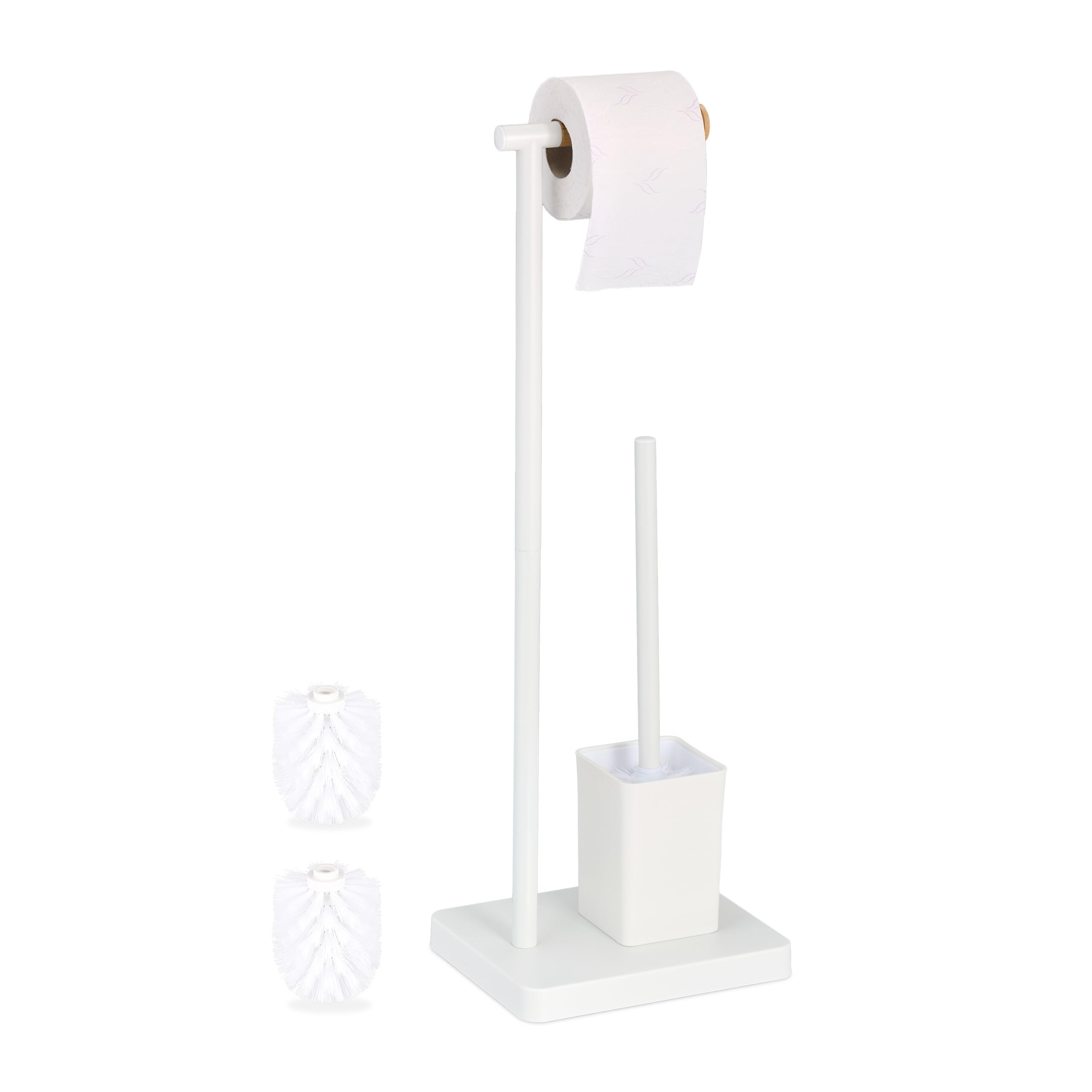 Relaxdays WC Set, HxWxD: 66.5 x 23 x 18 cm, Free-standing Toilet Roll & Brush Holder, Stainless Steel, White