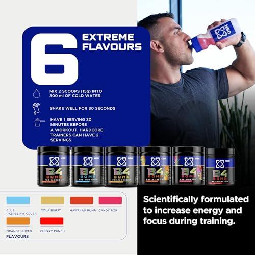 USN B4 Bomb Pre Workout Powder - 300g (20 Servings) Energy Drink Powder for Explosive Energy & Performance, 200mg Caffeine, 6000mg Citrulline, Creatine & 2000mg Beta Alanine - Blue Raspberry Flavour - Image 6