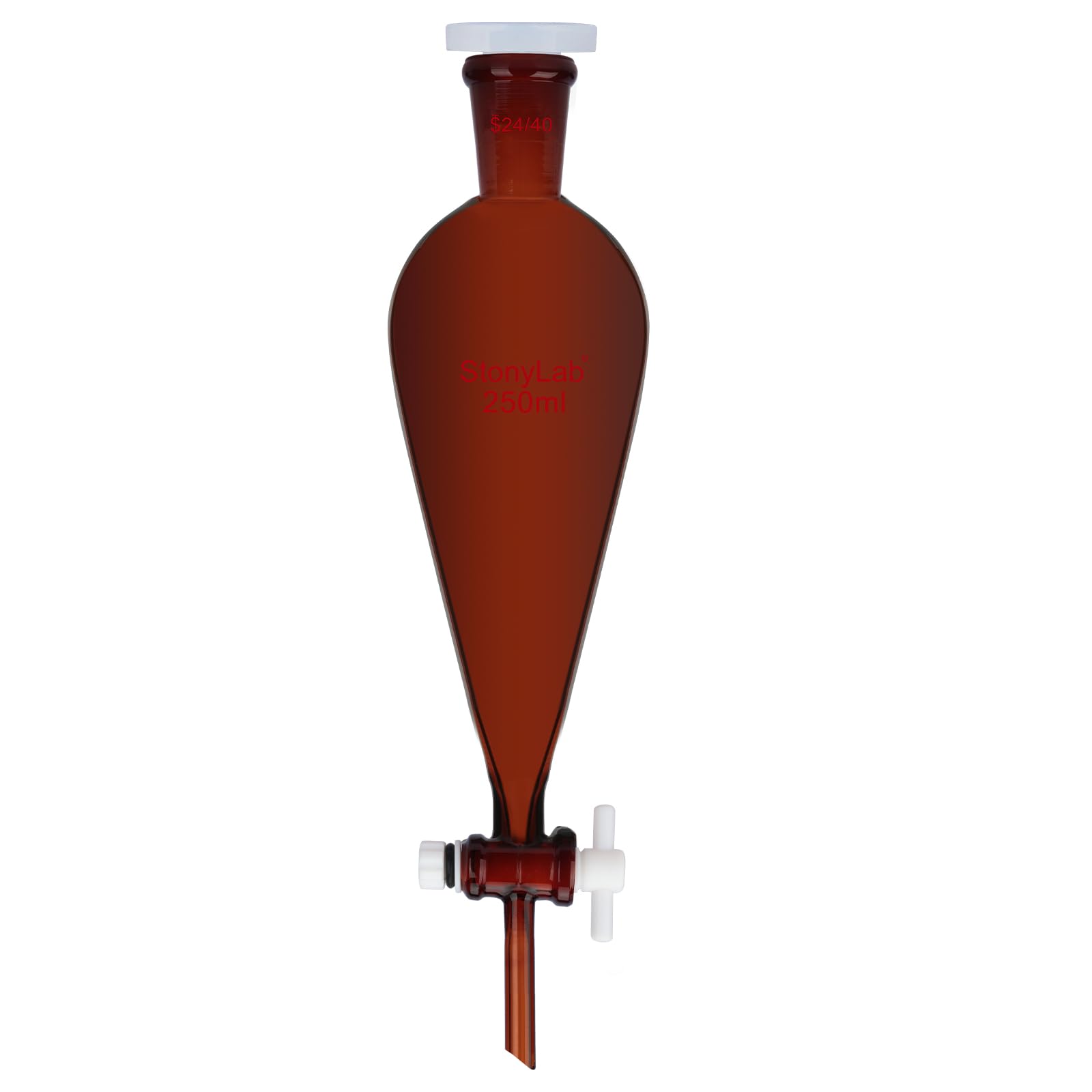 stonylab Entonnoir Séparateur Marron, Forme Conique à Parois Épaisses, Joint Rodé 24/40, Robinet en PTFE, Verrerie de Laboratoire en Verre Borosilicaté, Résistant aux Produits Chimiques, 250 ml