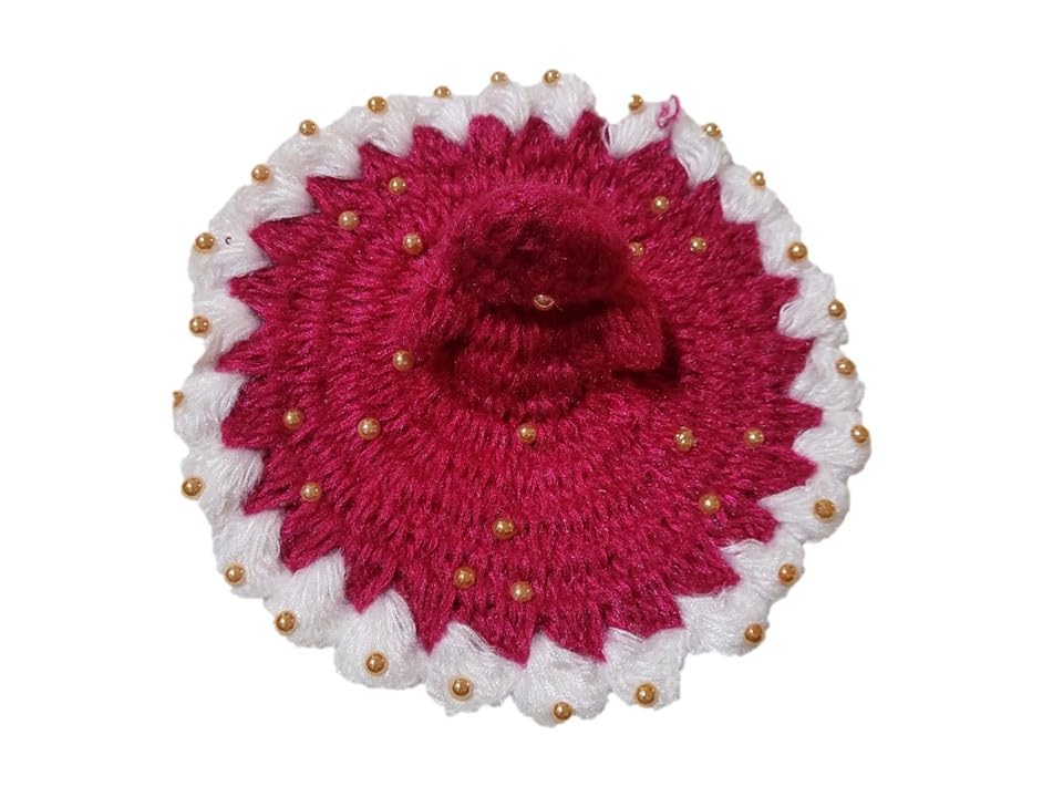 Image of Triash Laddu Gopal Handmade Woolen Dress with Cap for Winter,(10 * 10 Inch for 5 no. Kanha ji) (Hot Pink and White)