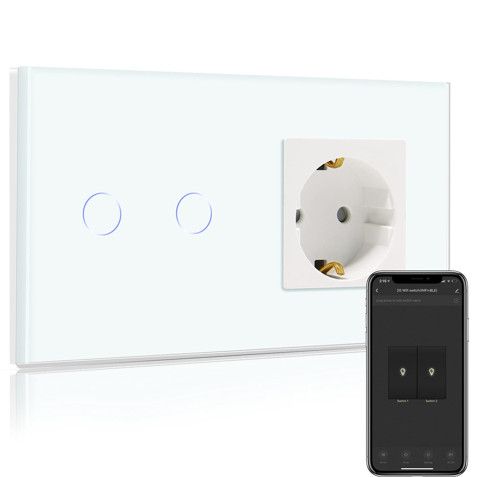 BSEED Enchufe Normal con Interruptor de luz WiFi,Compatible con Alexa,Google Home,Control de APP y Función de Temporizador,2 Gang 2 Vías WiFi Interruptor de Pared con Enchufe Blanco(Neutral Requerido)