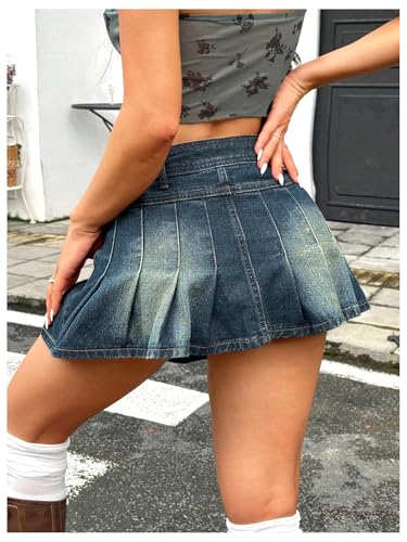 MakeMeChic Women's Pleated Denim Skirt A Line Flare Y2k Mini Jean Skirts2