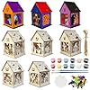 Halloween Haus Bastelset Kinder, 8 Stück Holz Kürbis Haus Basteln DIY Kreativsets mit Farben Pinseln Aufklebern, Halloween Deko Bastelset zum Bauen und Bemalen für Party Geschenk Jungen Mädchen