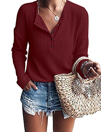 Image of MOLERANI Womens Long Sleeve Waffle Knit Henley Shirts Tunic Tops