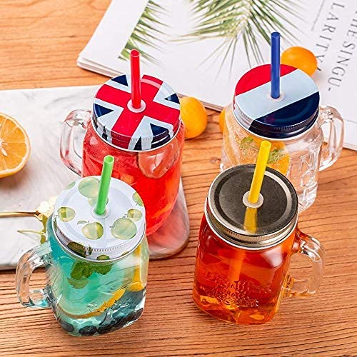 Image of 500 ml Glass Mason Jar, Juice Soft Cold Drinks Mason Mug with Handle and Green Apple Lid and Straw, Transparent (2)