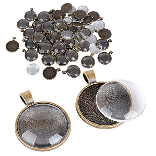 JNCH 100pcs 25mm Plateaux Supports Pendentif Rond+Cabochons Verre Transparent Dome Set pour Creation DIY Bijoux Collier Porte-Clés Loisir Créatif (Bronze)