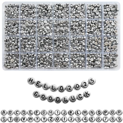 Image of Looconi 1400pcs Letter Beads Silver 7x4mm Black on Silver for Jewelry Making Bracelet Hair Braids Crafts