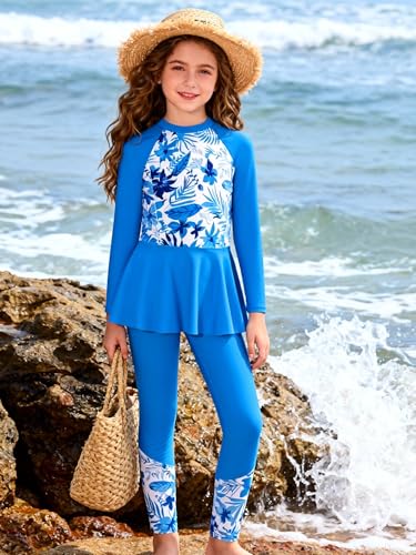 Image of GRACE KARIN Girls Long Sleeve Swimsuit Mermaid Bathing Suit Rash Guard Swimwear 4 Piece Size 5-12