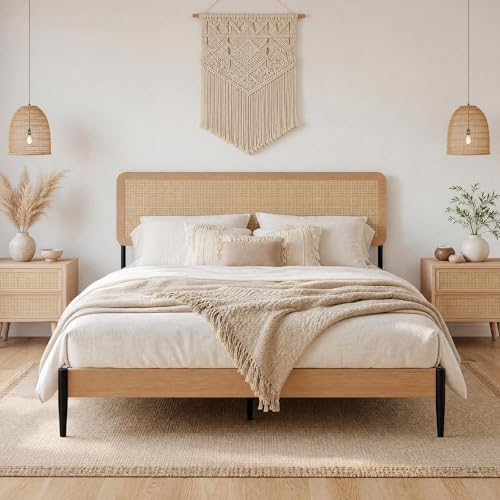 Rattan Queen Bed Frame with Headboard Boho Queen Platform Beds Natural Woven Rattan Headboard Heavy Duty Slat Support Platform No Box Spring Needed Under Bed Storage Noise Free Easy Assembly