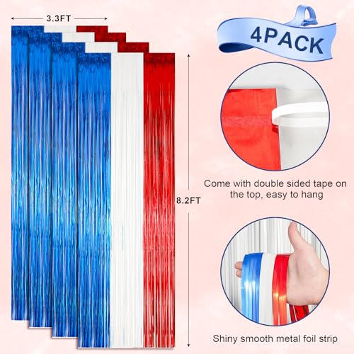 Image of Voircoloria 4 Pack Red White and Blue Foil Fringe Backdrop Curtains, Tinsel Streamers Party Decorations, Fringe Backdrop for Patriotic, Memorial Day, 4th of July, Independence Day