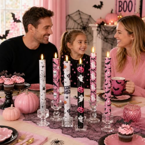 Image of Aurelema 6 Pcs Halloween LED Flameless Candle Set Pink Spooky Taper Candles Battery Operated with Remote Cute Ghost Candles Horror Pumpkin Decorations for Home Halloween Party Favors Holiday Decor