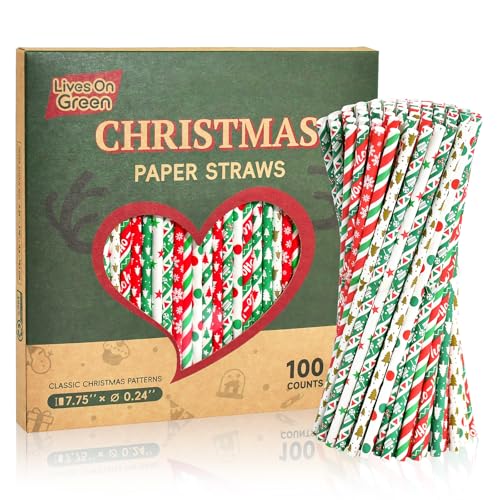 Lives On Green Pajitas de papel de Navidad de 100 unidades, 19,7 cm, biodegradables, desechables, para Año Nuevo, vacaciones, fiestas, 10 diseños coloridos