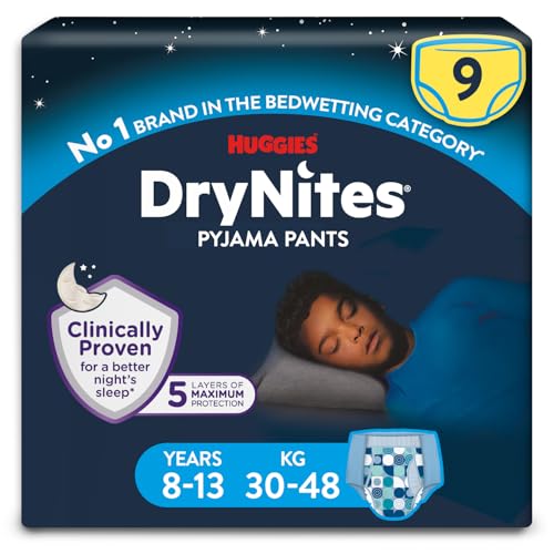 Huggies DryNites Pyjama Pants, Boys 8-13 Years (30-48KG), Up to 100% Leak Free Nights, Bedwetting Pants, 9 Count