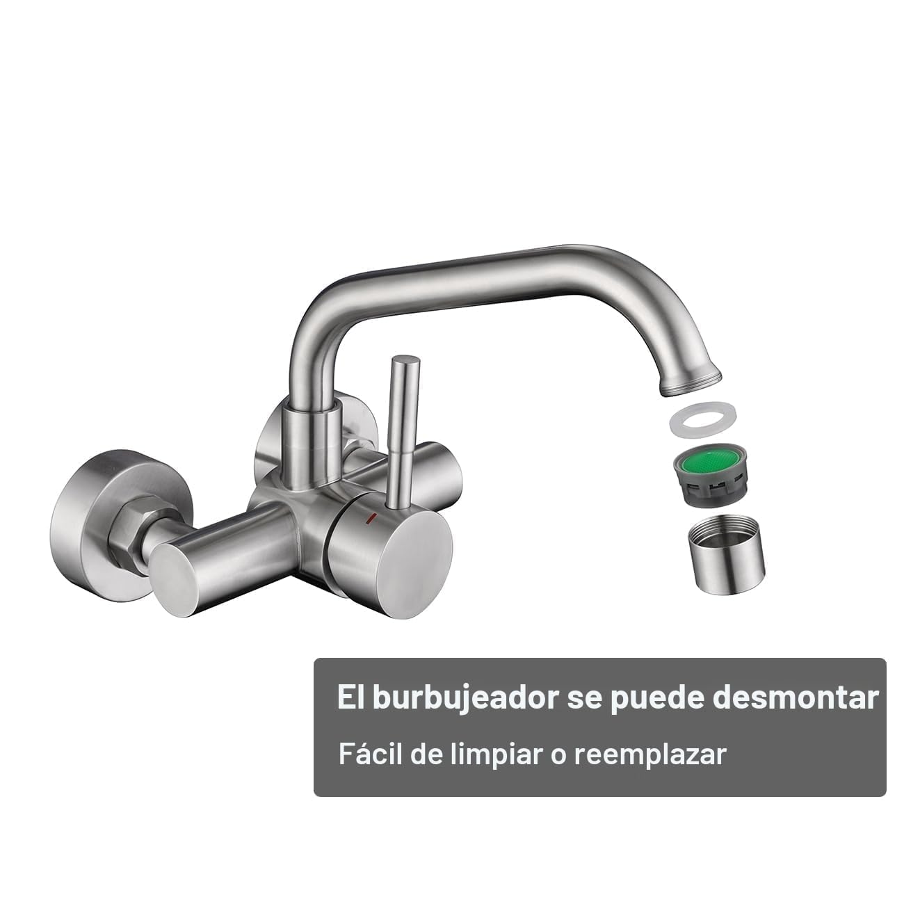 Grifo Cocina de Pared 11cm Orificio de Montaje, Grifería de Fregadero Mural Rotación de 360​°, Mezclador Monomando de Acero Inoxidable 304, Aireador Extraíble, Agua Fría y Caliente, Cepillado