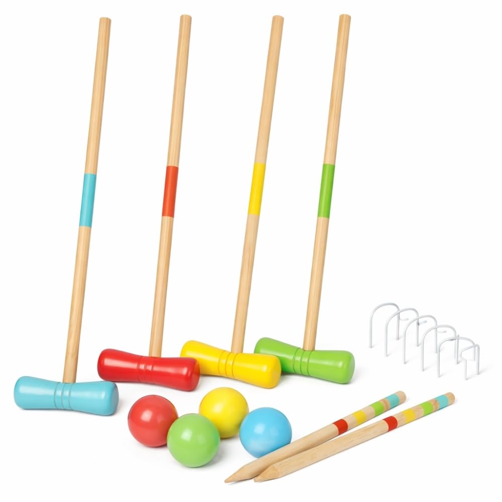 Jeu de Croquet en Bois pour 4 Joueurs, avec Maillets, Boules, Arceaux Métalliques et Filet de Rangement, Jeu de Jardin