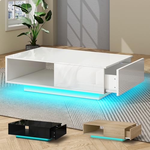 ALFORDSON RGB LED Coffee Table, Remote Control 4 Flashing Modes,16 Colors, Spacious Drawer, Open Shelf, Tabletop Storage, Living Room Dining Table Office Reception Centerpiece, 89Wx 55D x 31Hcm, White