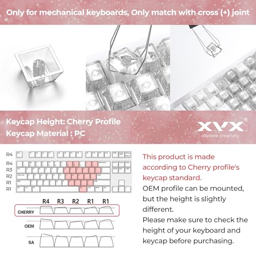 Image of XVX Blank Crystal Transparent Keycaps, PC Material Custom DIY Sweet Heart Keyboard Caps, Backlit Clear Glitter Candy Keycap Cherry Profile for MX Switches Mechanical Keyboard (21pcs)