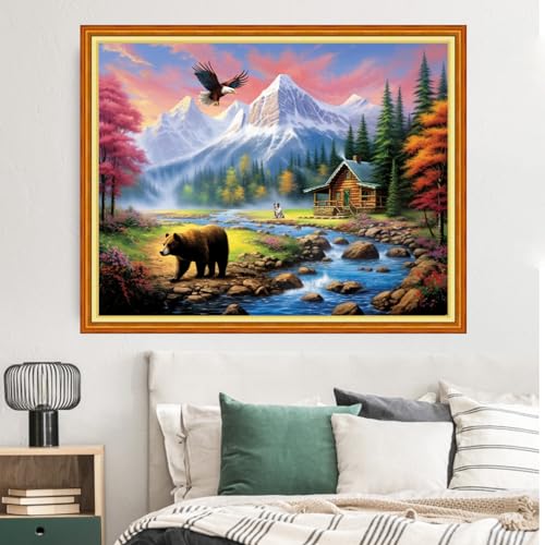 Image of Dimxvean Stamped Cross Stitch Kits,Cross Stitch Kits for Adults Beginners,Embroidery Kits Full Range of Cross Stitch Stamped Kits Needlepoint Kits Cross Stitch Patterns-Forest Bear 16x20 inch