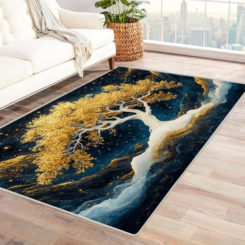 SHYAMIC ラグ カーペット リビングルーム 居間 絨毯 抽象的なツリーパターン 長方形 洗える 滑り止め 部屋 敷物 北欧風 アブストラクトスタイリッシュ ラグるタイプ ラグマット フローリングマット(ゴールド 21)-150x180cm
