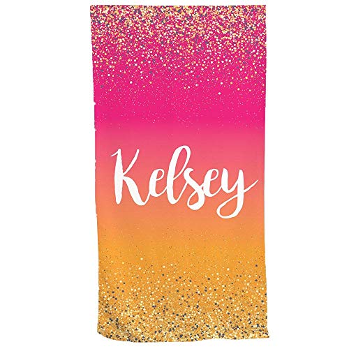 GiftsForYouNow Gradient and Glitter Personalized Beach Towel, Personalized Colorful Beach Towel, Customized Beach Towel, Cute Beach Towel, Orange, Pink