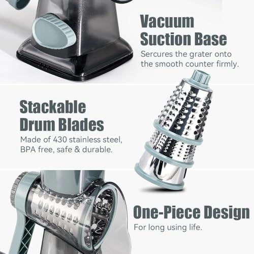 Image of KEOUKE Rotary Cheese Grater Hand Crank Transparent - Shredder Slicer Grinder 3 Stainless Steel Blades, Stable Suction, Labor-Saving Handle, Safe Kitchen Tool for Cheese, Vegetable, Nuts, Chocolate