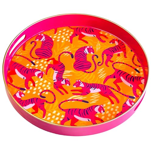 Zosenley Round Decorative Tray Leopard Pattern, Marbling Plastic Tray with Handles, Modern Vanity Tray and Serving Tray for Ottoman, Coffee Table, Kitchen and Bathroom, Size 13 Inch (Orange)